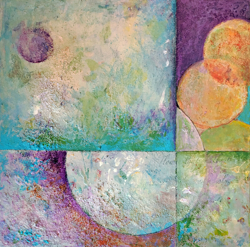 Evan Stuart Marshall, Music of the Spheres, 2020, mixed media on panel, 12 in x 12 in. Sold.