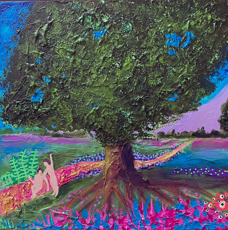 Evan Stuart Marshall, The Tree of Life (Garden of Eden triptych), 2021, mixed media on panel, 10 in x 10 in. Commission.